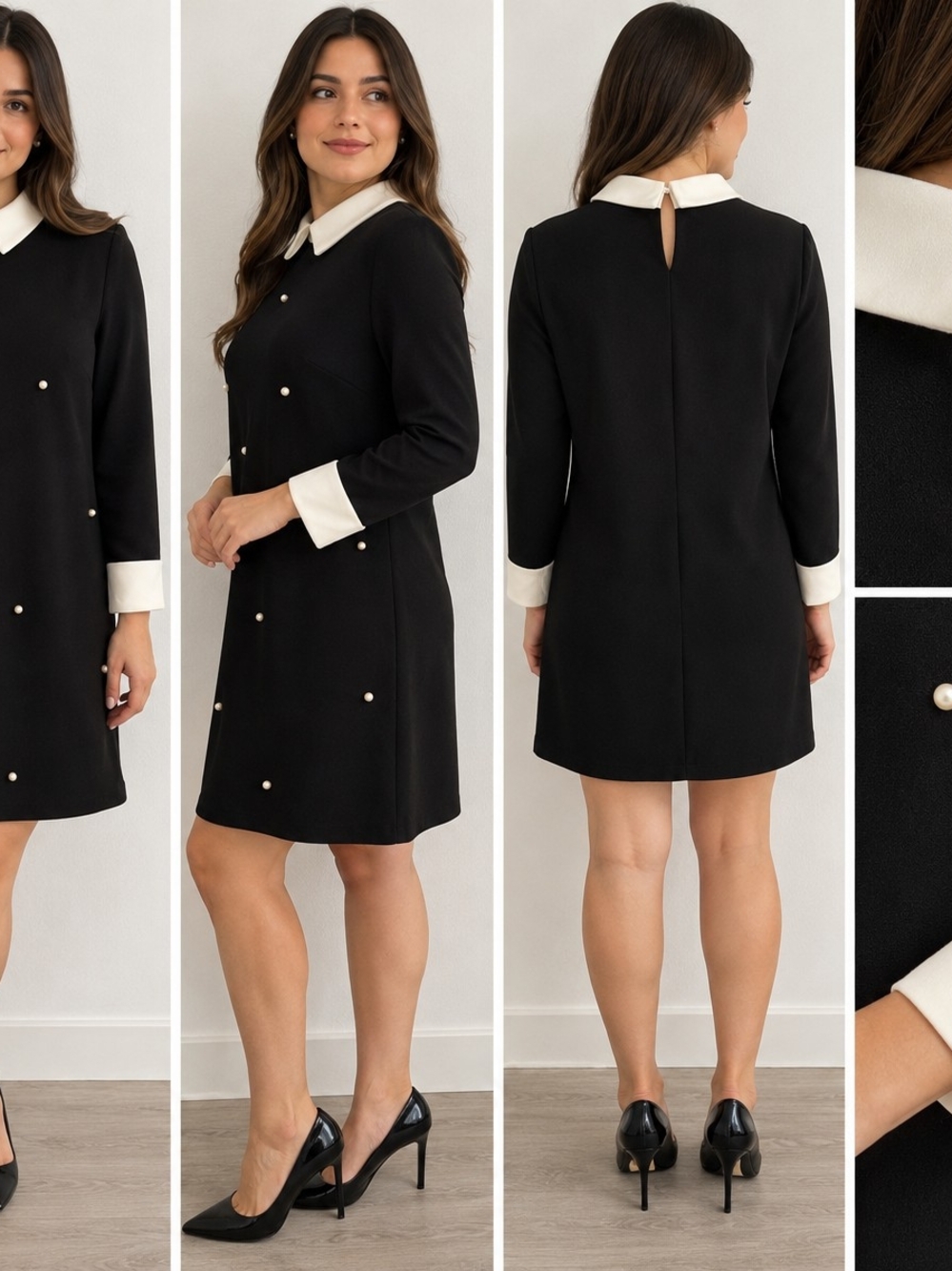 SHEIN Black Shift Dress with White Collar & Cuff